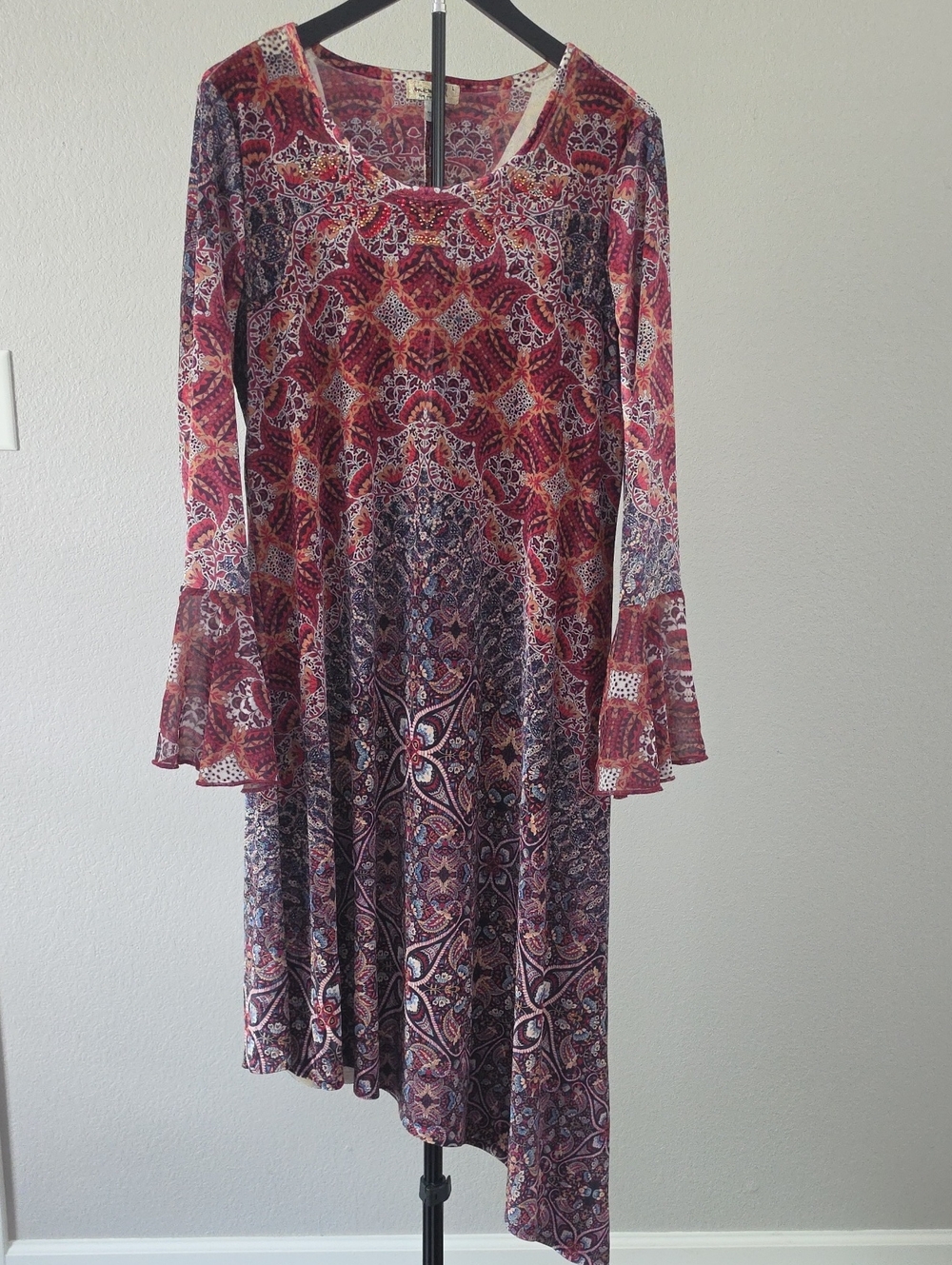 ONE WORLD Red and Purple Paisley Bell-Sleeve Midi Dress